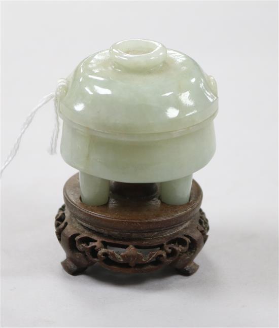 A Chinese jadeite miniature censer and cover, wood stand